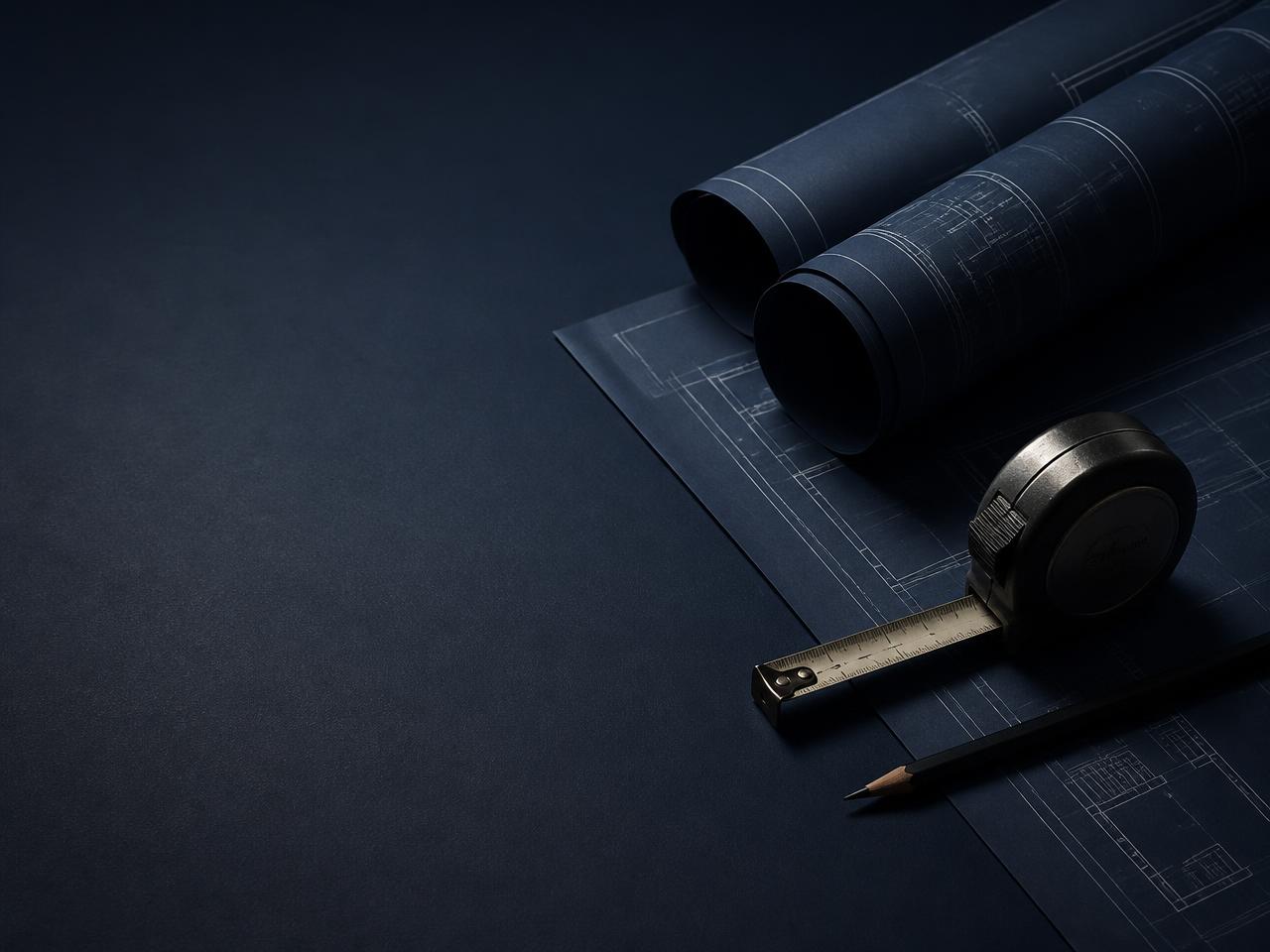 Architectural plans, tape measure and pencil on a dark desk, representing underwriting math