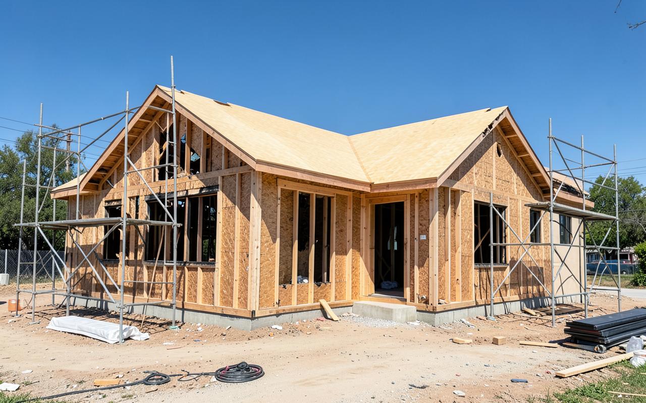 House being rebuilt in daylight with new wood framing and roof sheathing, representing a fire damage rebuild