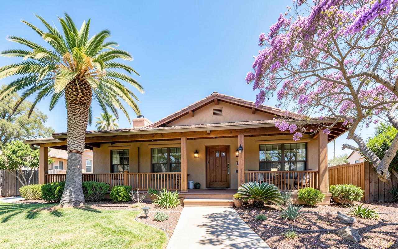 Sunlit Southern California craftsman bungalow with a wide front porch, representing an inherited or probate property