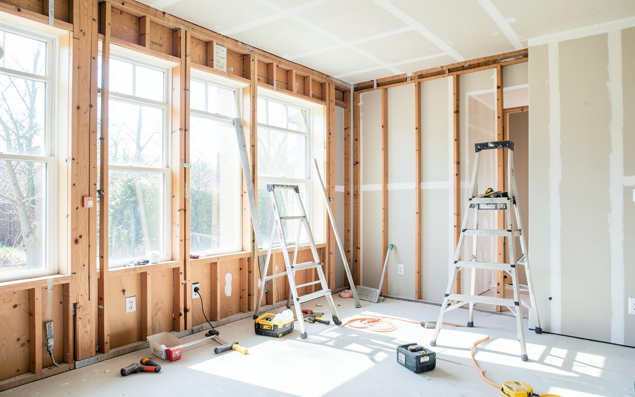 Bright home interior mid-renovation with exposed studs, new drywall and a ladder, representing a home needing major repairs